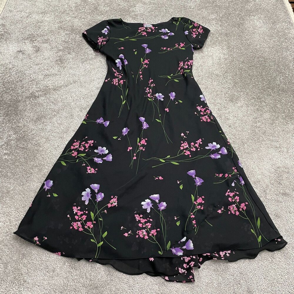 Premier Midi Maxi A-Line Dress Womens Medium Black Floral Short Sleeve Chiffon